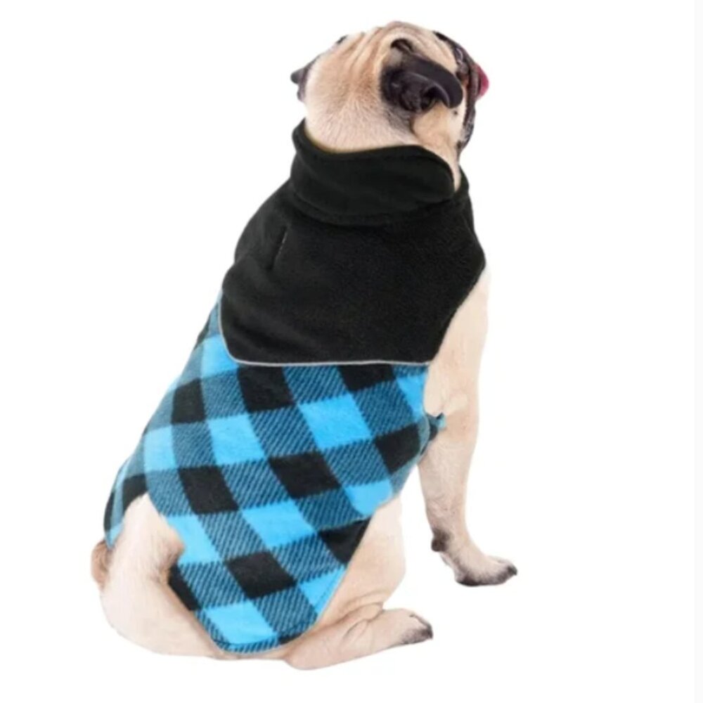 FRAGALLY BLACK BLUE PLAID FLEECE DOG JACKET VEST SZ LARGE